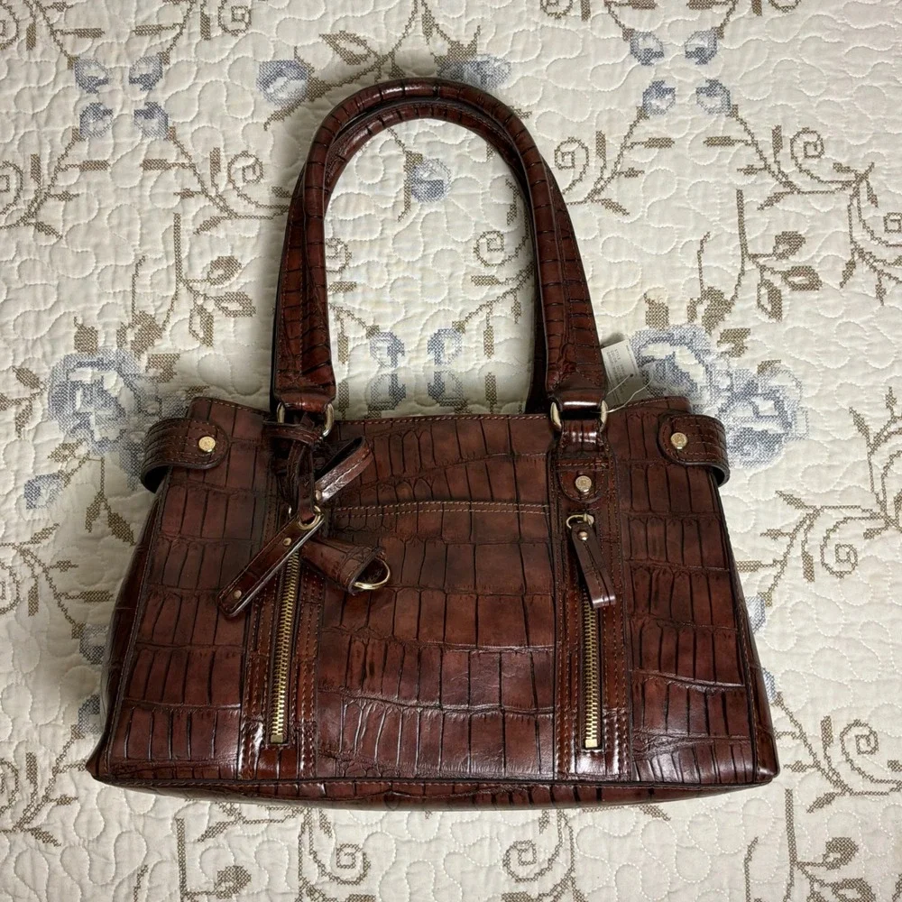 Liz Claiborne Satchel Women Large Brown New Y2K Croc Embossed Faux Leather
